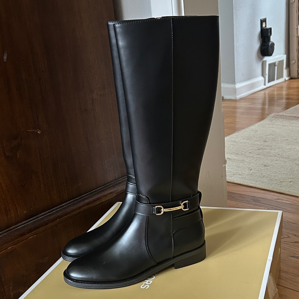 Michael Kors Carson Black Tall Riding‎ flat Boots with Gold Buckle size 8